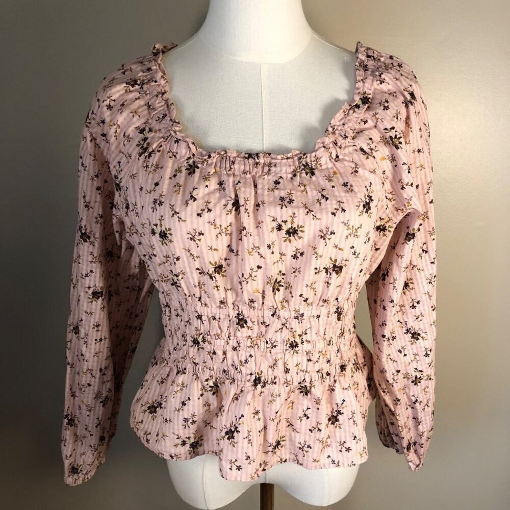 Madewell Pink Floral Smocked Peplum 100% Cotton Long Sleeve Blouse Size M